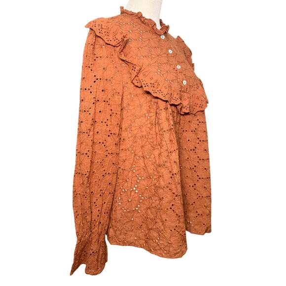 Andree By Unit Women's Eyelet Blouse Large Autumn Rust Romantic Ruffled‎ Cottage - Picture 7 of 9
